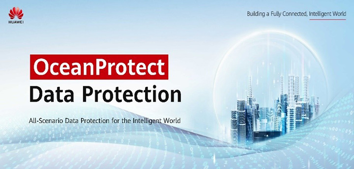A promotional poster for Huawei's OceanProtect Data Protection solution, including a stylized graphic of a Smart City
