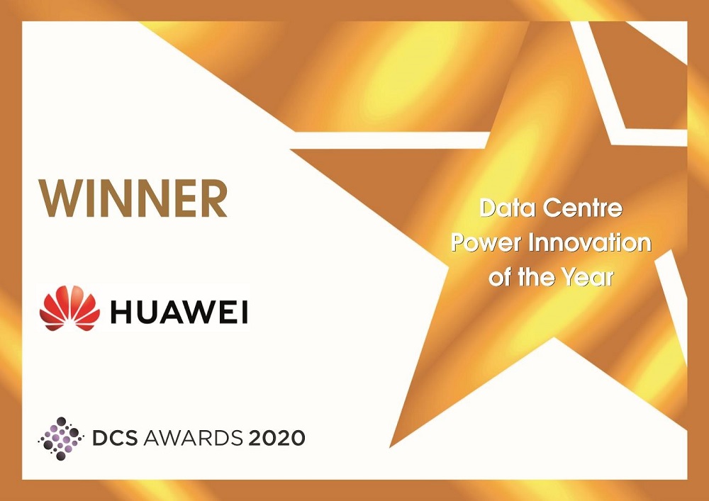 A poster celebrating Huawei as the winner of Data Centre Facilities Vendor of the Year at the DCS Awards 2020