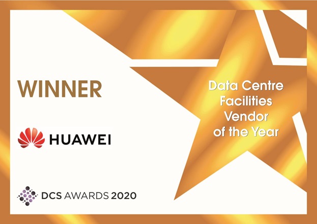 A poster celebrating Huawei as the winner of New Design/Build Data Centre Project of the Year at the DCS Awards 2020