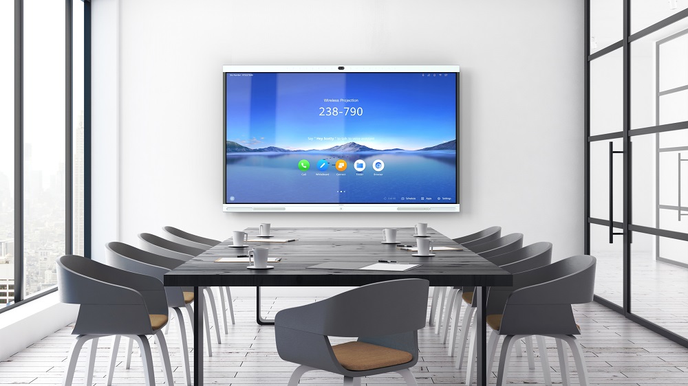 A modern office meeting room, with a table, nine chairs, and a wall-mounted HUAWEI IdeaHub, a smart productivity tool