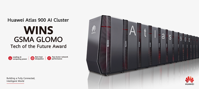 A poster for the Huawei Atlas 900 AI Cluster, declaring that it won the GSMA 2020 GLOMO Tech of the Future Award
