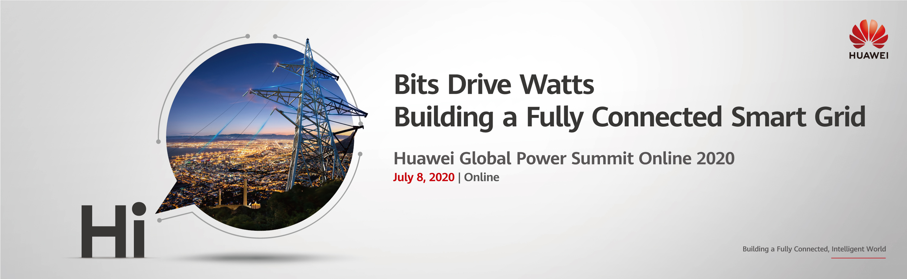 Banner for Huawei's Global Power Summit Online 2020, including the KV depicting a cityscape at dusk with a pylon prominent