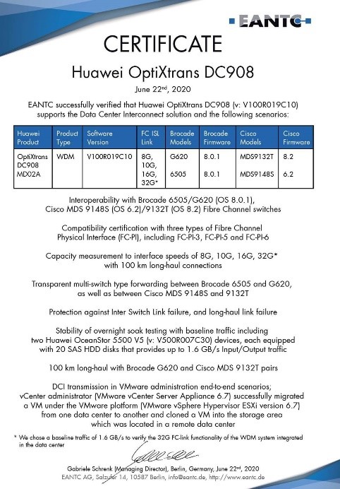 A certificate showing that EANTC has verified that Huawei OptiXtrans DC908 supports the DCI solution and diverse scenarios