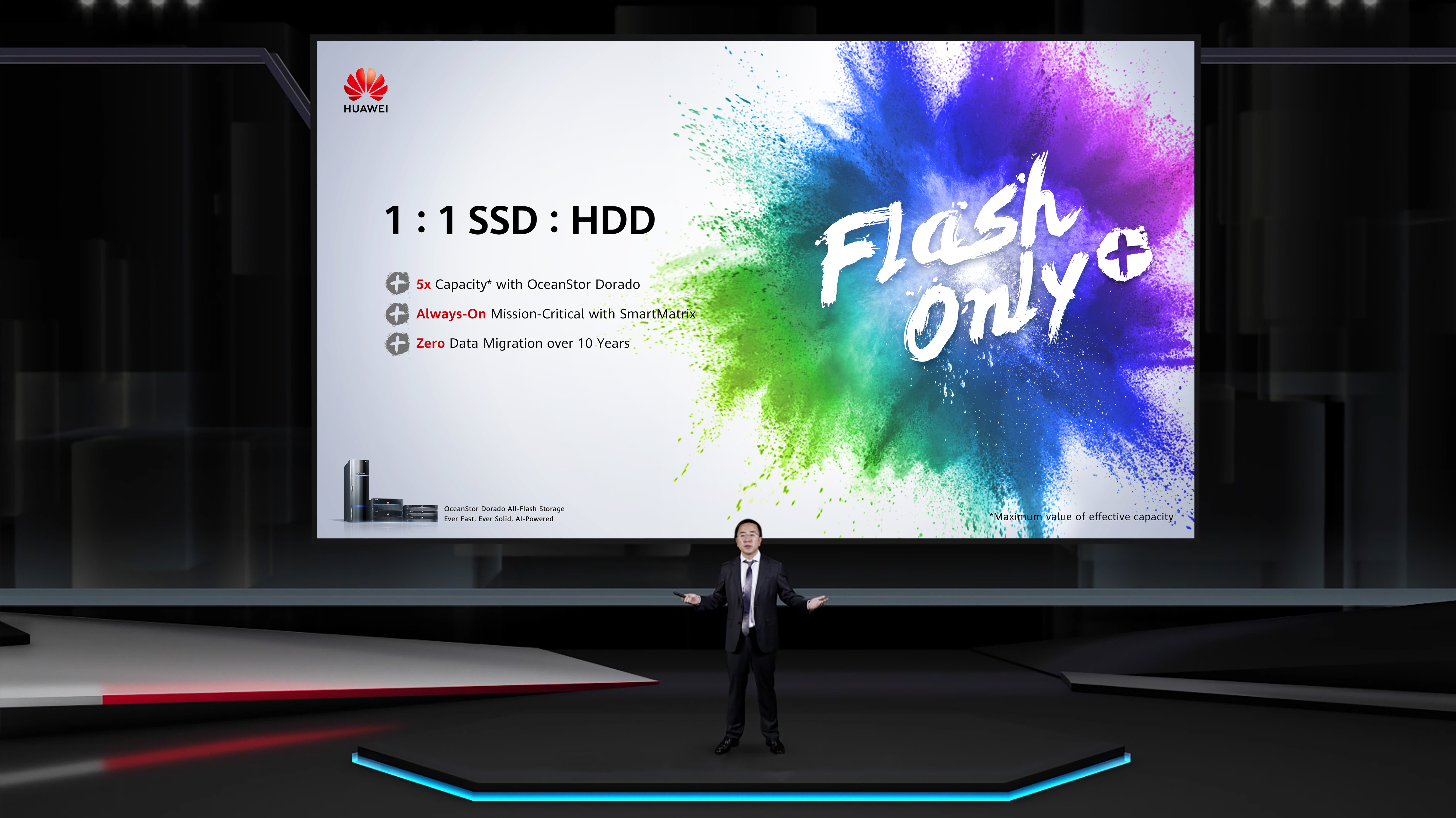 Huang Congliang, VP of Huawei’s Data Storage and Intelligent Vision Solutions Dept., presents the Flash Only+ promotion