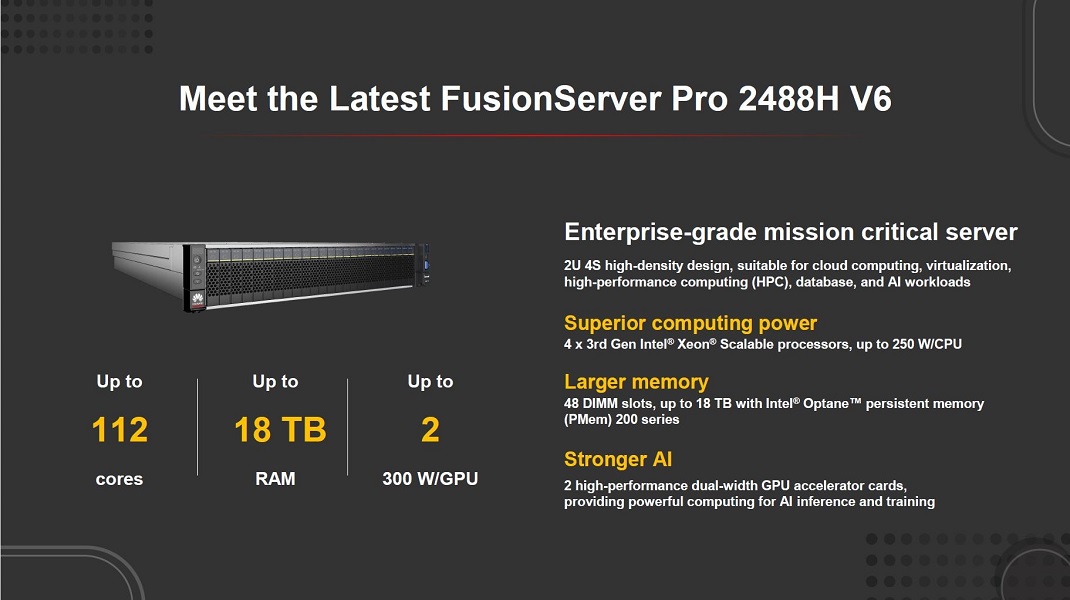A range of Huawei FusionServer Pro 2488H V6 enterprise-grade mission-critical server features