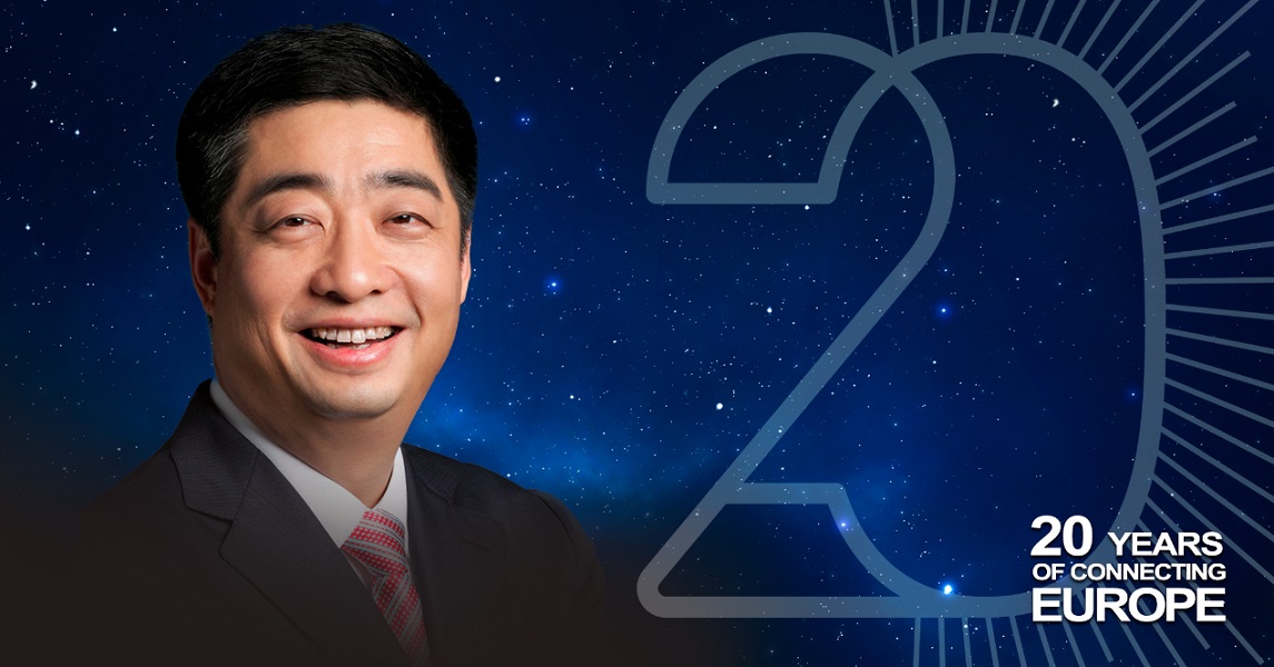 A graphic, featuring Huawei's Ken Hu, marking the 20th anniversary of cooperation in Europe