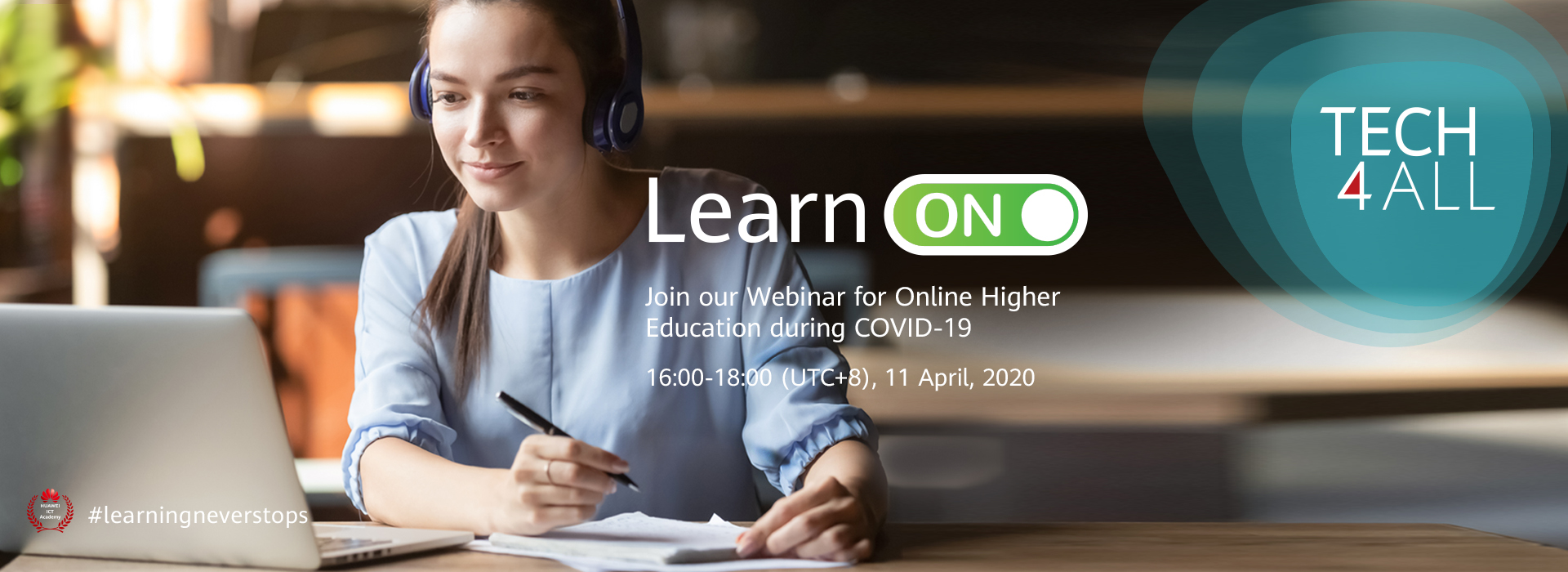 A woman sitting in front of a laptop, taking notes, in an advert for Huawei's Learn ON program