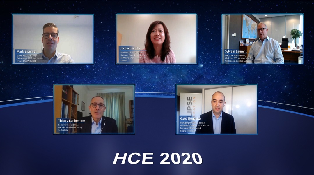 A virtual panel of industry experts discussing digitally inspired Europe at the Huawei eco-Connect Europe 2020 online event