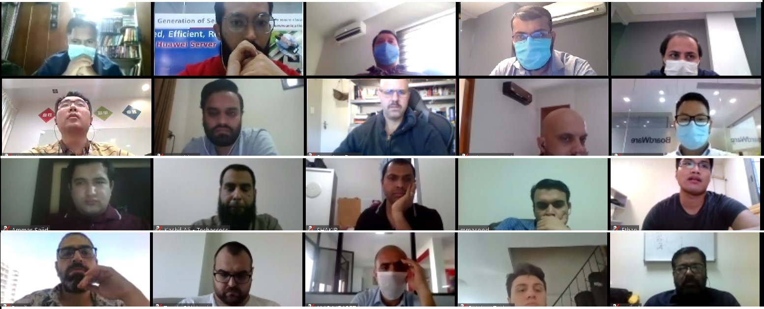 A screenshot of 20 global HCPPs, tiled during a video conference, participating in the Partner Elite Training Camp 2020
