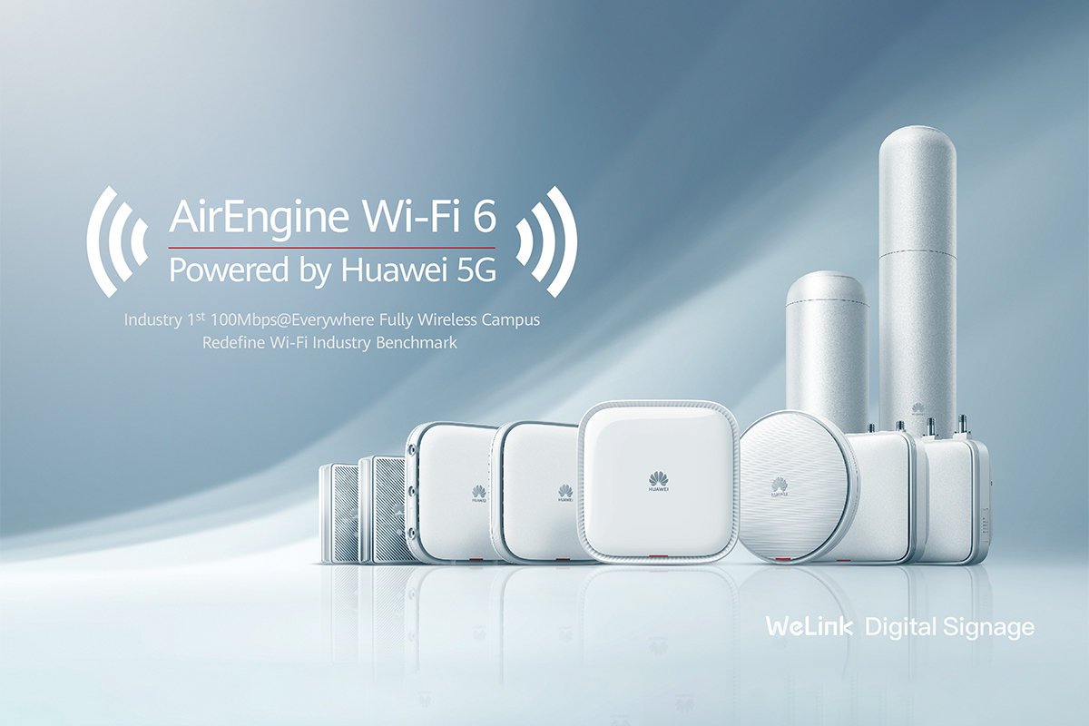 A stylized line-up of Huawei AirEngine Wi-Fi 6 products, including a brand slogan — Powered by Huawei 5G — and key USPs