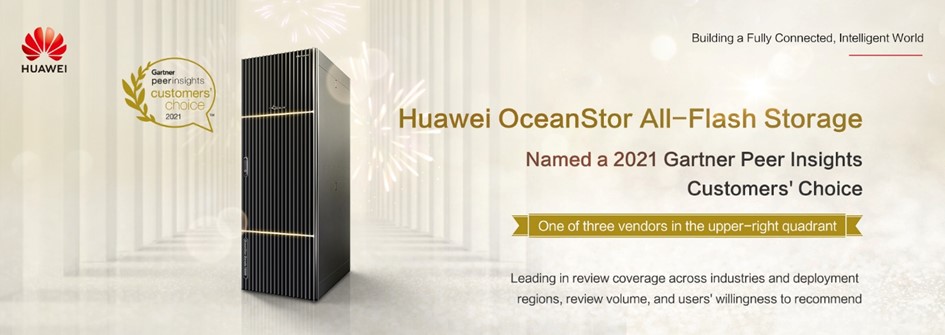A beige graphic announcing Huawei OceanStor All-Flash Storage was named a Gartner Peer Insights Customers' Choice