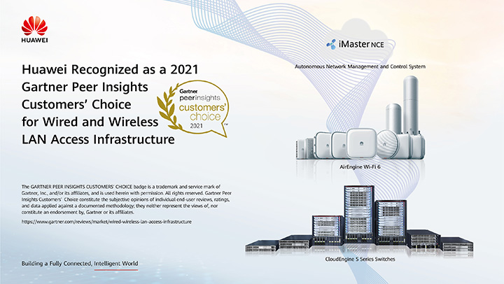 A graphic announcing that Huawei was Recognized as a Gartner Peer Insights Customers' Choice for LAN Access Infrastructure