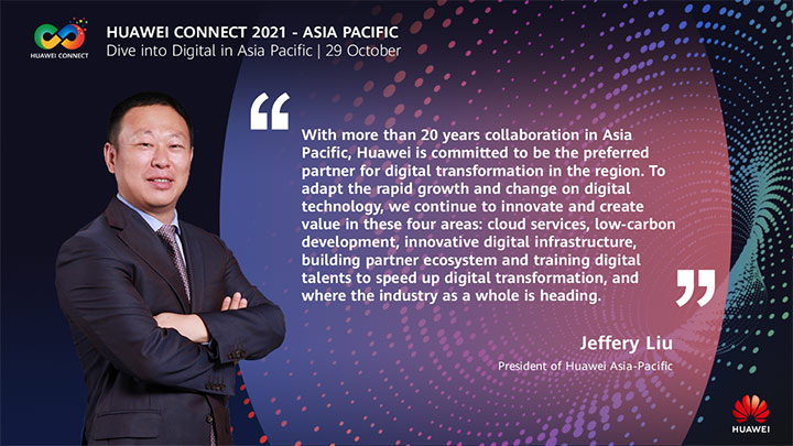 A torso shot of Jeffrey Liu, President of Huawei Asia Pacific, alongside his quote for HUAWEI CONNECT 2021 in APAC