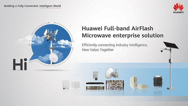 Products involved in the Huawei Full-Band Air Flash Microwave Enterprise Solution against a white and blue background