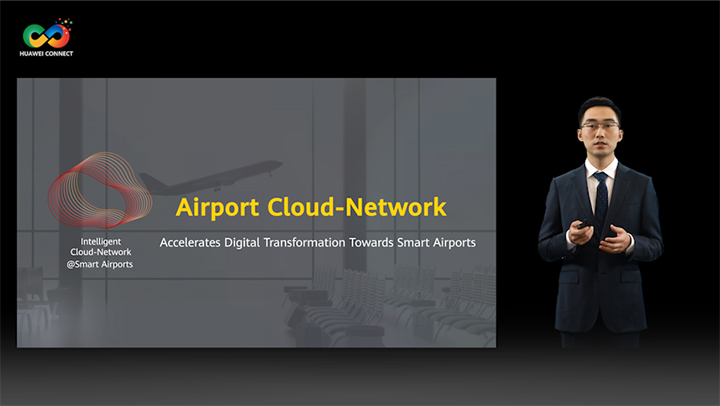 Alex Sun, VP of Huawei's Data Communication Product Line, delivers a speech launching the Airport Cloud-Network Solution