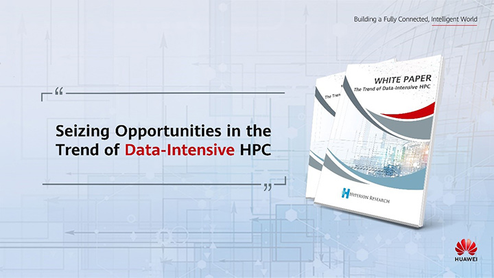 Two copies of Huawei's White Paper on the Trend of Data-Intensive High-Performance Computing (HPC) against a blue background