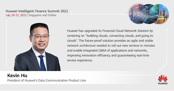 Kevin Hu, President of Huawei's Data Communication Product Line, delivers a keynote speech about Huawei's New Financial Cloud-Network