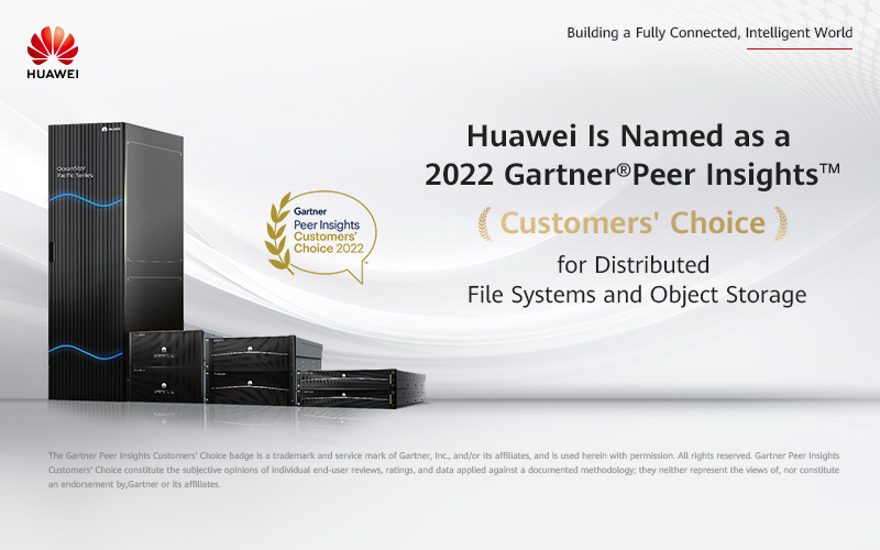 A banner showing Huawei distributed file systems and object storage, named a 2022 Gartner Peer Insights Customers' Choice