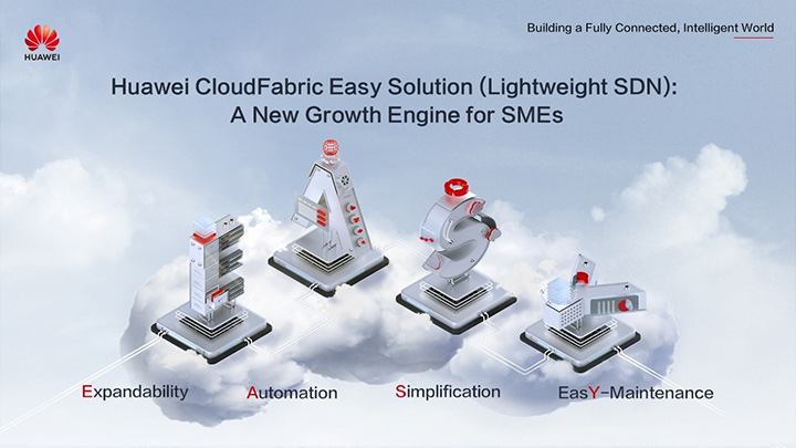 Data center symbols floating on clouds that spell out EASY for Huawei's CloudFabric Easy Solution (Lightweight SDN)