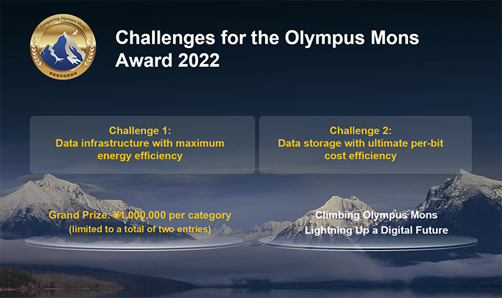 A banner that shows the two challenges of the Huawei OlympusMons Award 2022, with snowy mountains in the background