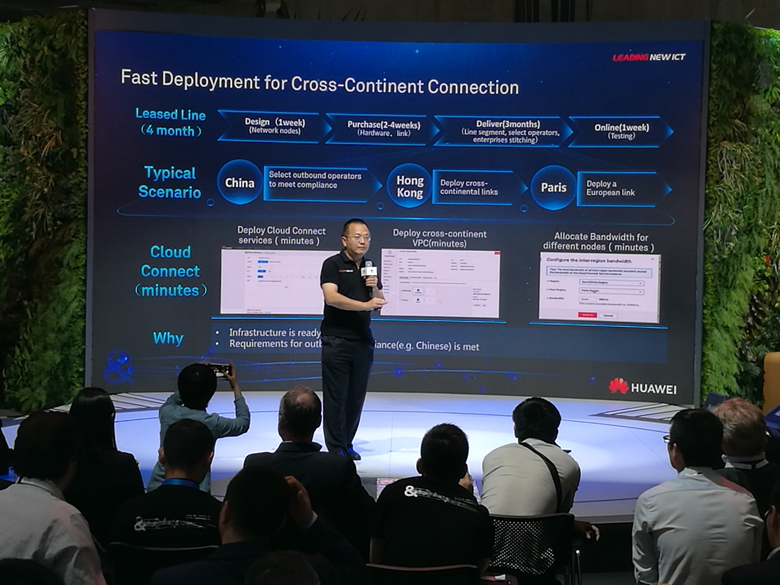 A Huawei executive showcasing the Cloud Connect global intelligent cloud connection service at CeBIT 2018