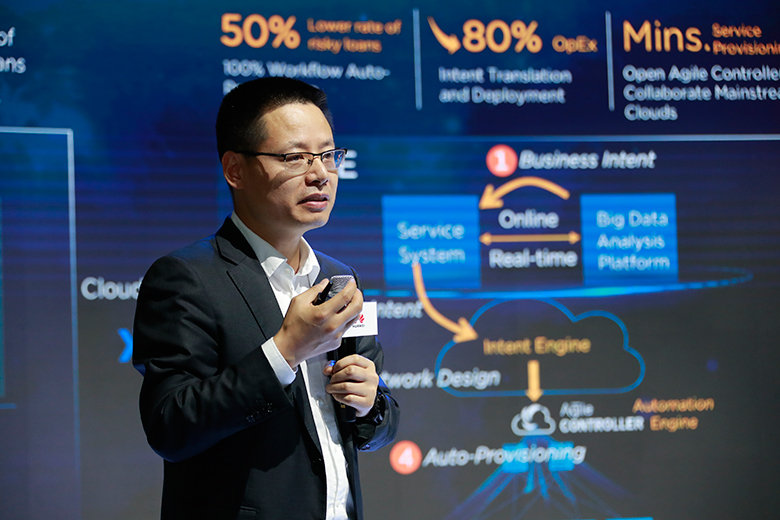 Kevin Hu, President of the Network Product Line, speaking at Huawei's global media press conference at CeBIT 2018