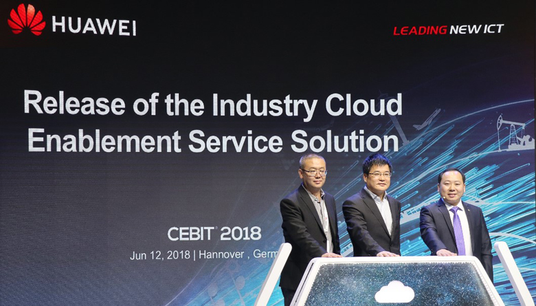 Huawei EBG's Sun Maolu, Ye Zhonghua, and Zhou Yilin launch the Industry Cloud Enablement Service Solution at CeBIT 2018