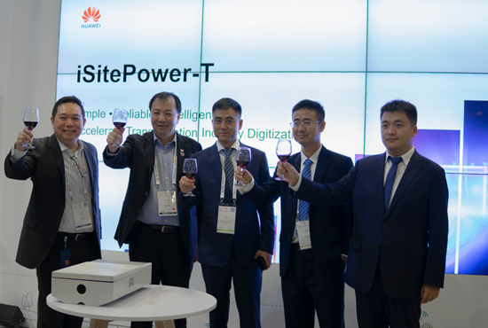 Five men toast Huawei's iSitePower-T Open Road Tolling Solution, raising glasses of red wine, at ITS World Congress 2019