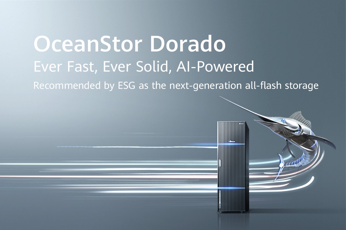 The OceanStor Dorado banner with the all-flash storage rack and the digital Dorado fish, recommended by ESG