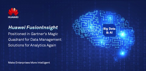 A banner declaring that Huawei FusionInsight is in Gartner's Magic Quadrant for data management solutions for analytics