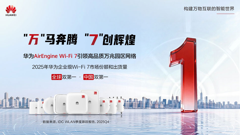 华为企业级 Wi‑Fi 7 产品荣获2025年全球和中国的市场份额与出货量双料冠军