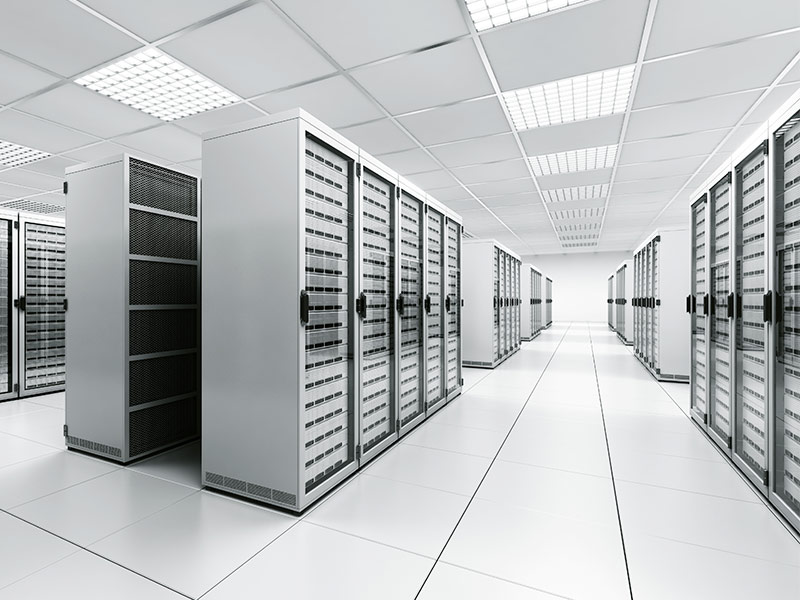 A high contrast image of IT cabinets in an extremely clean IT equipment room